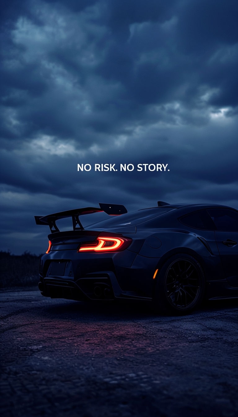 Sleek Black Sports Car with Dramatic Clouds and Motivational Text Mobile Wallpaper