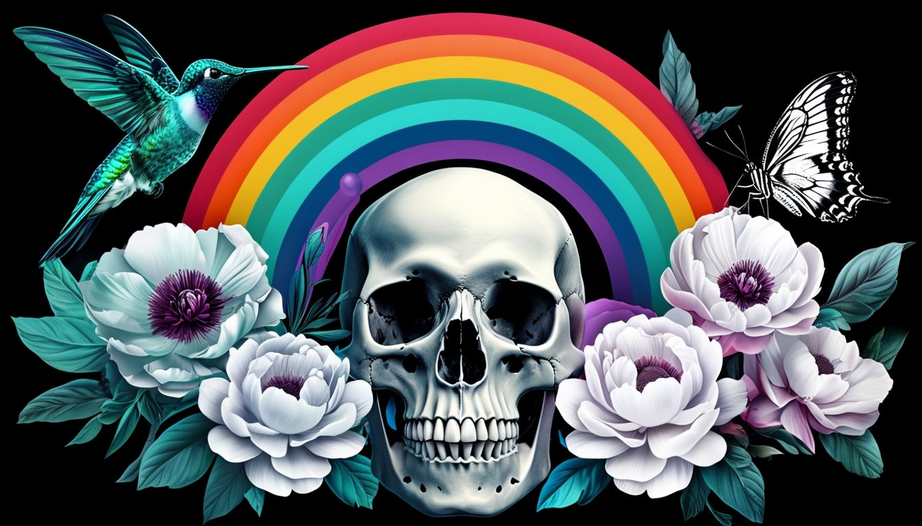 Surreal Skull and Floral Rainbow Composition Virtual Background