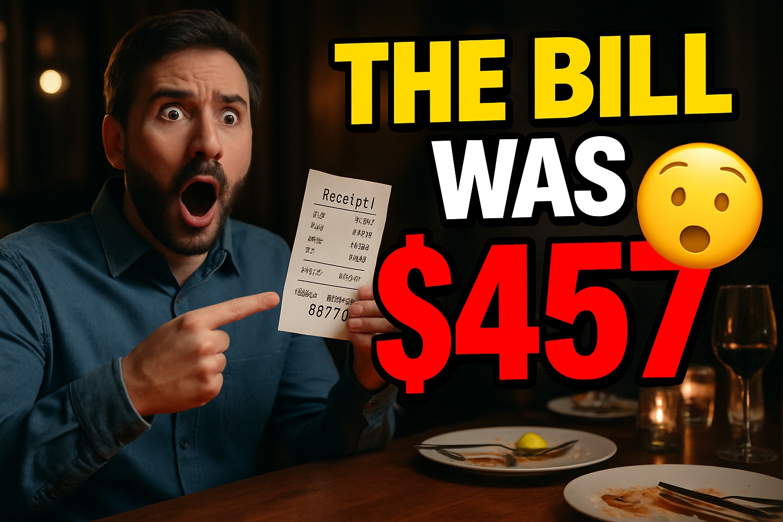 Shocked Man's Reaction to $457 Bill in Dimly Lit Restaurant Social Media Post