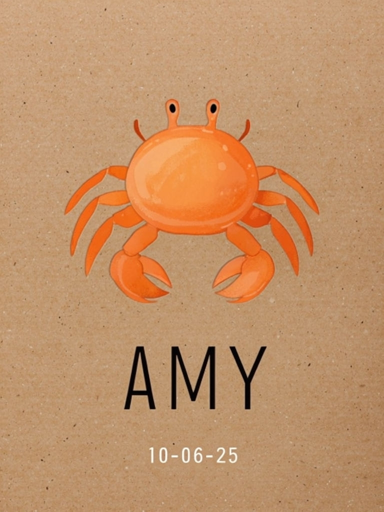 Playful Cartoon Crab Illustration with Name and Date Card