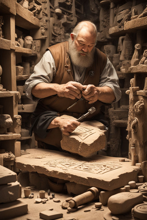 A dwarf craftsman meticulously carving runes into a stone ta... by Gelo ...