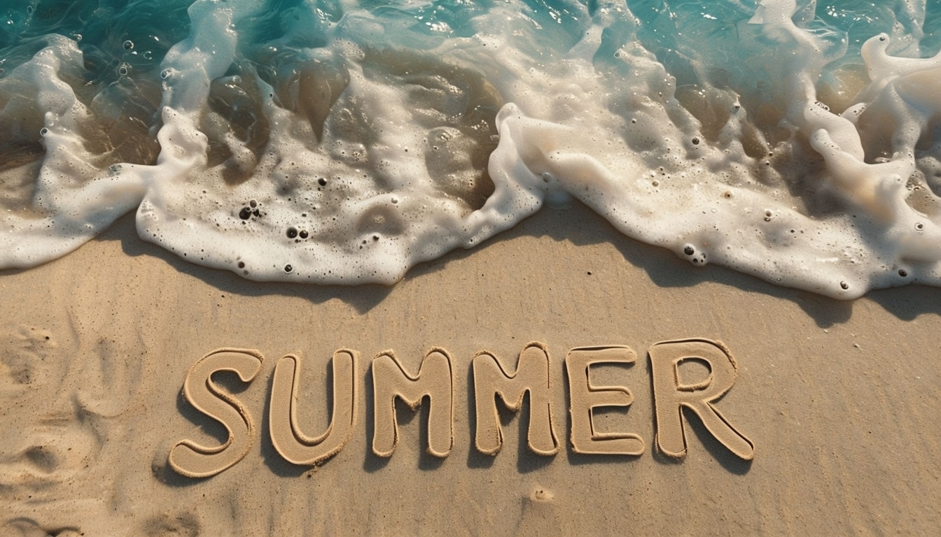 Serene Summer Beach Scene with Textured Letters Virtual Background