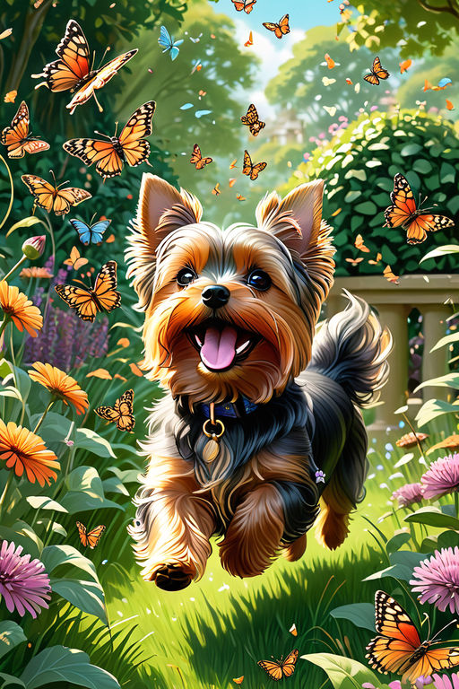 Illustration of a joyous Yorkshire Terrier, frolicking in an English garden, surrounded by fluttering butterflies, chirping birds, engaging in playful antics with a gleeful girl, her light copper curls bouncing as she chases the puppy, attire vivid with an array of playful patterns, in a scene reminiscent of Disney charm, ultra-high definition, 8k.