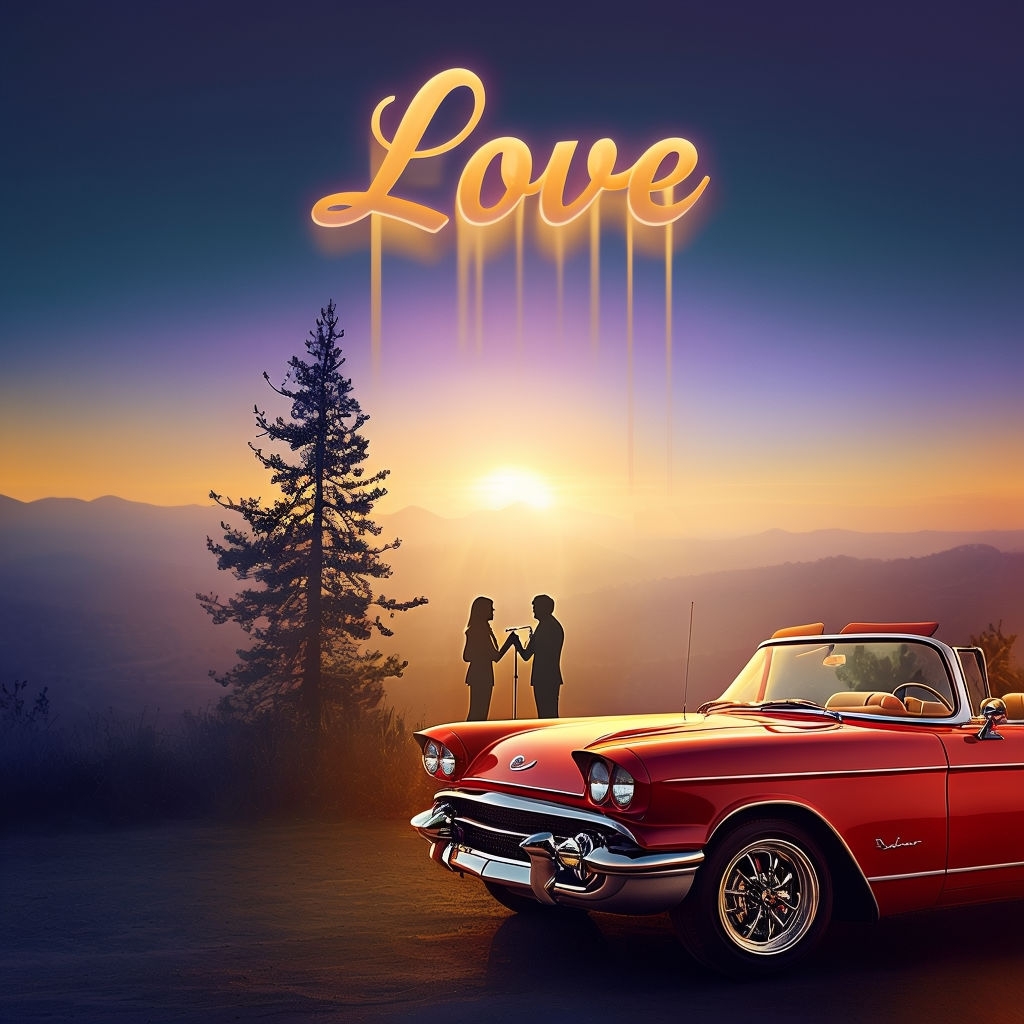 Romantic Sunset Love Scene with Vintage Convertible Car Spotify Album Cover