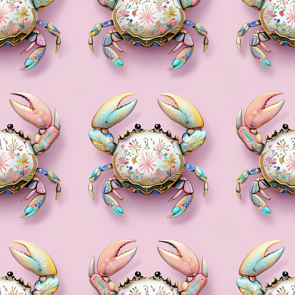 Intricate Floral Crab Pattern on Light Pink Background Seamless Pattern