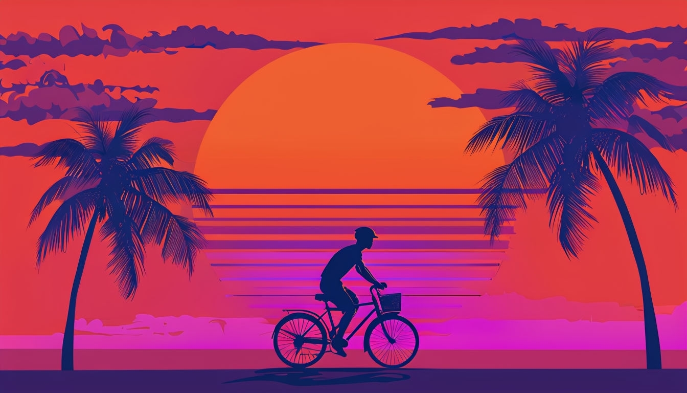 Tranquil Retro Tropical Sunset Scene with Cyclist Virtual Background