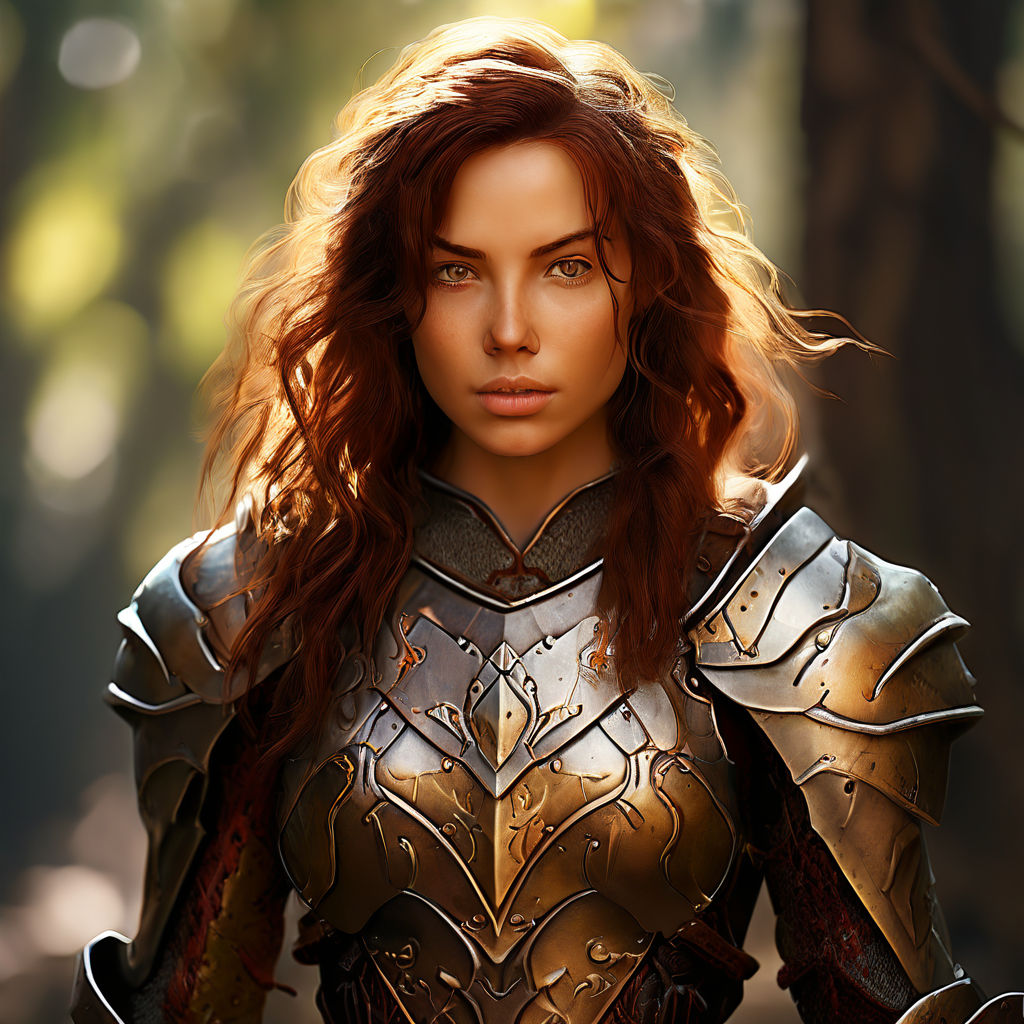Beautiful half elven woman in full plate armor with a shield... by