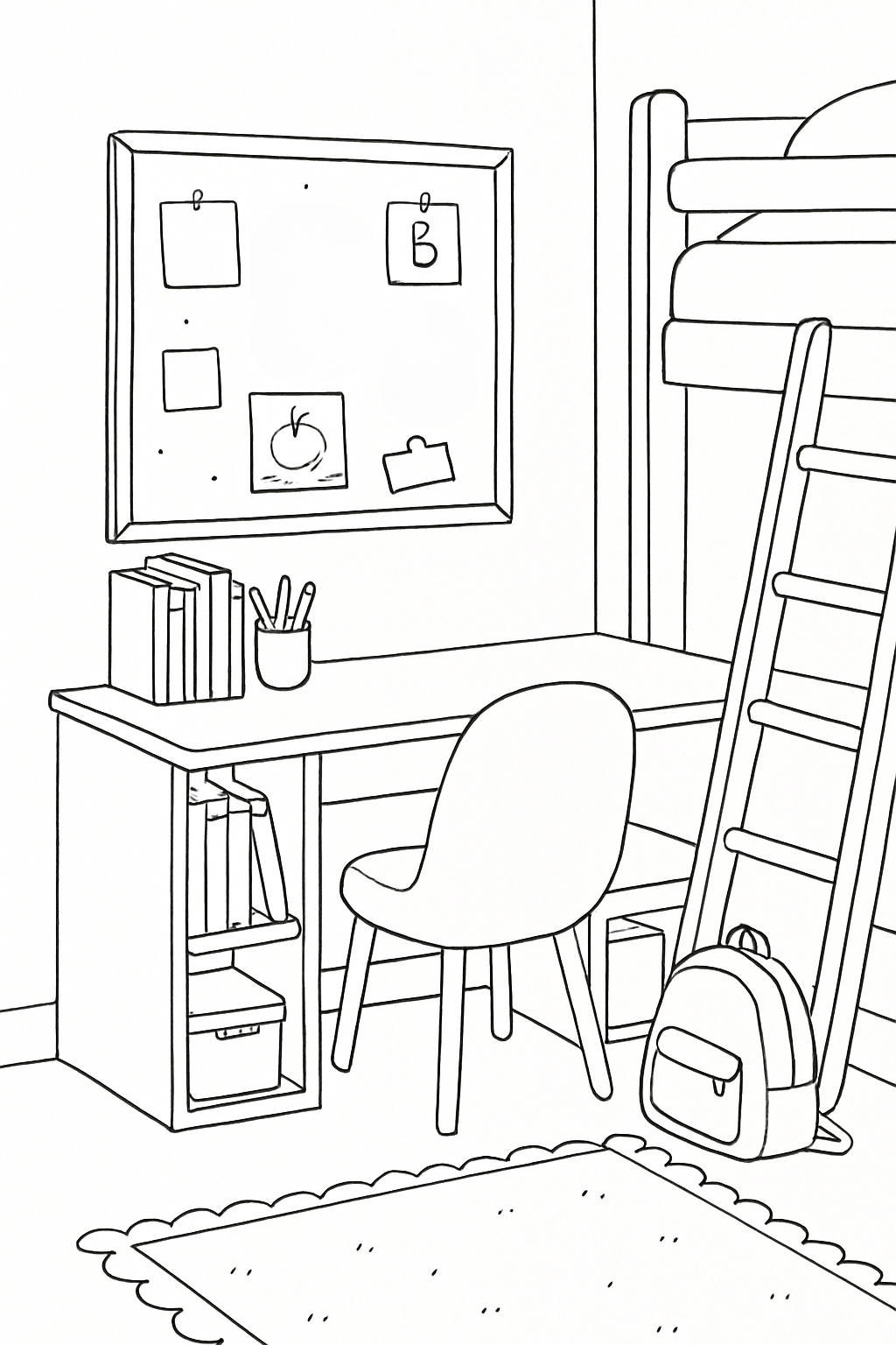 Cozy Bedroom Study Corner Black and White Line Drawing Coloring Book Pages