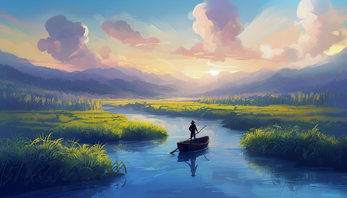 Tranquil Sunset Landscape with Boat Reflection Virtual Background