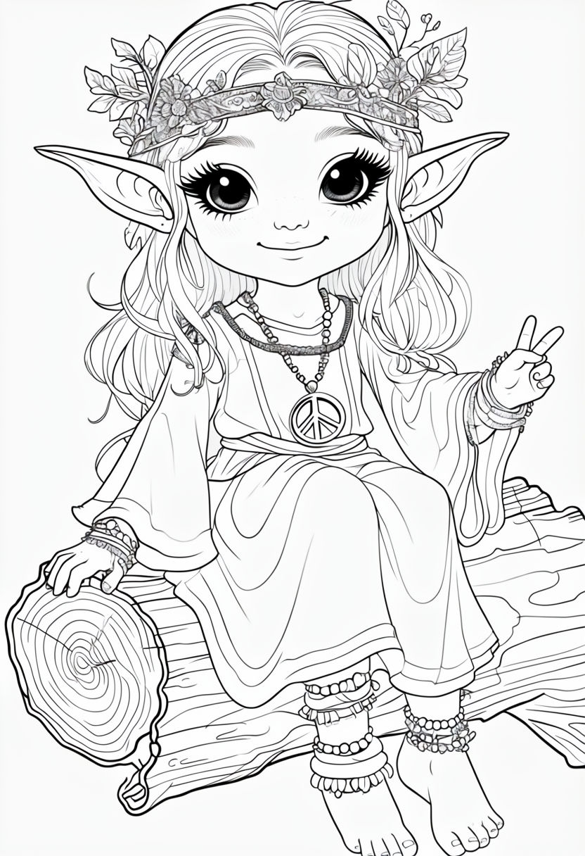 Whimsical Elf Character Line Art for Coloring Book Pages
