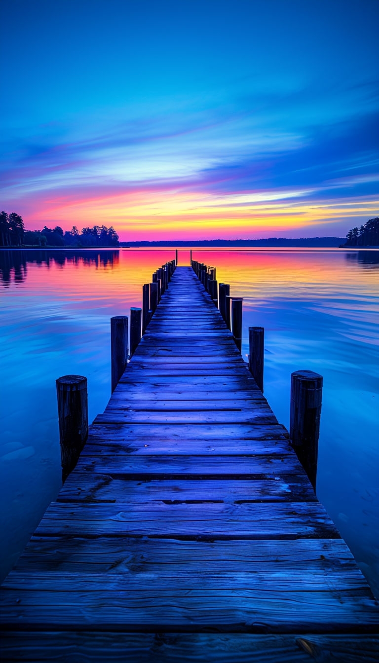 Serene Twilight Lake Scene with Weathered Wooden Pier Mobile Wallpaper