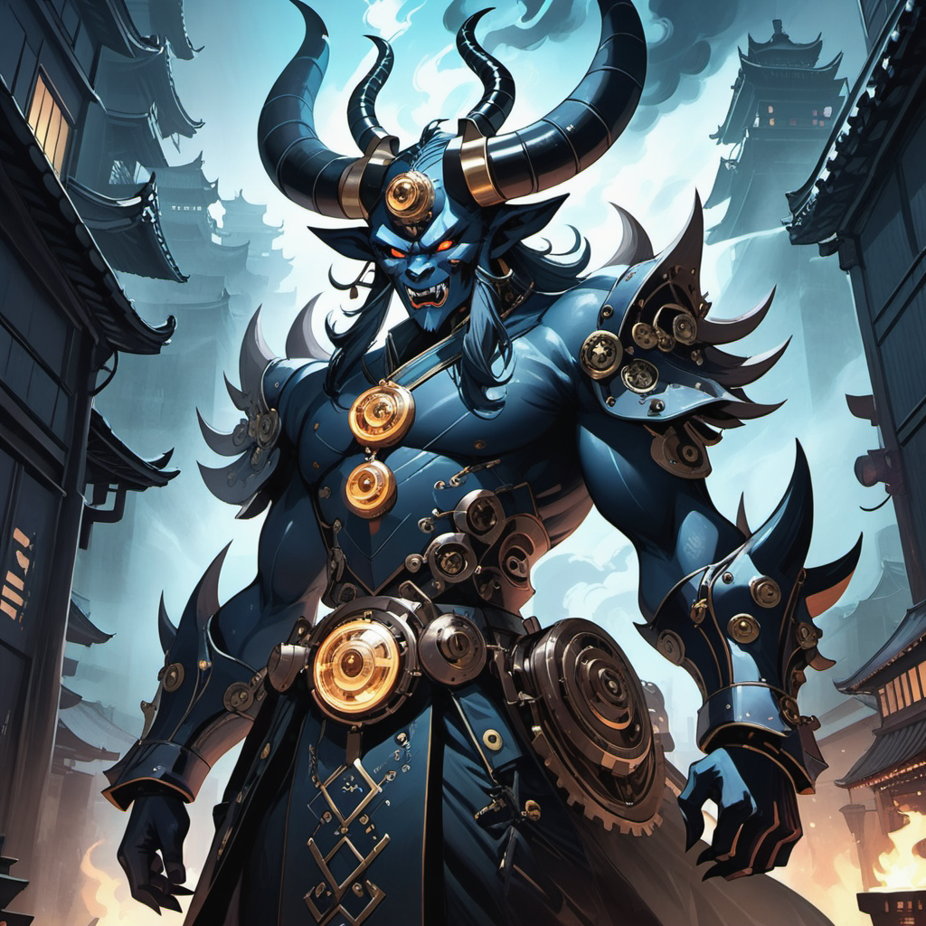 Traditional Japanese demon infused with steampunk elements by Josip