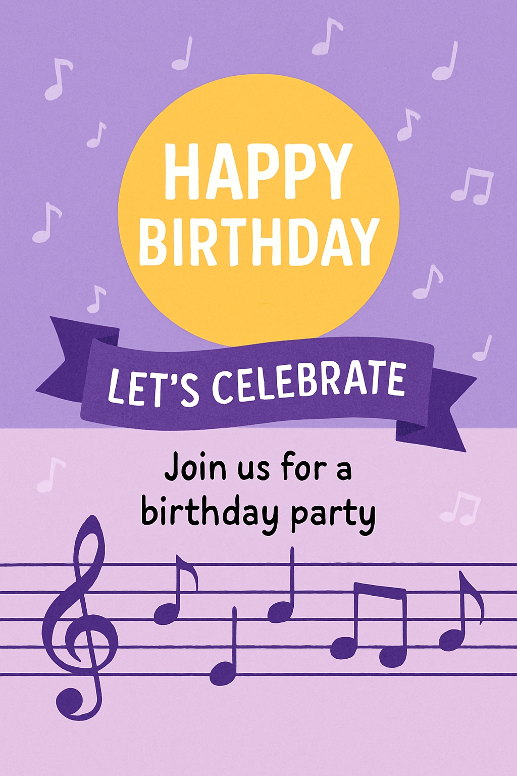 Modern Festive Birthday Invitation Card with Musical Notes Design