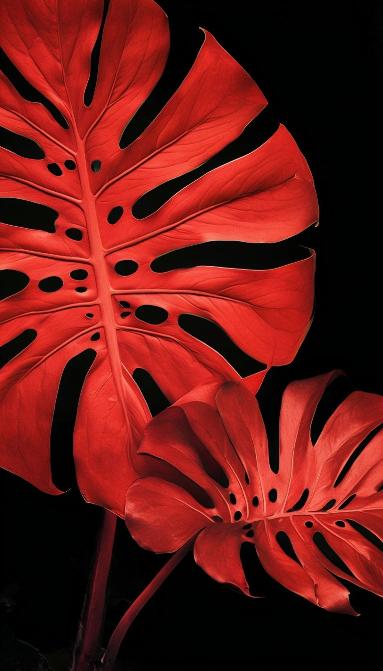 Vibrant Red Monstera Deliciosa Leaves on Black Background Mobile Wallpaper