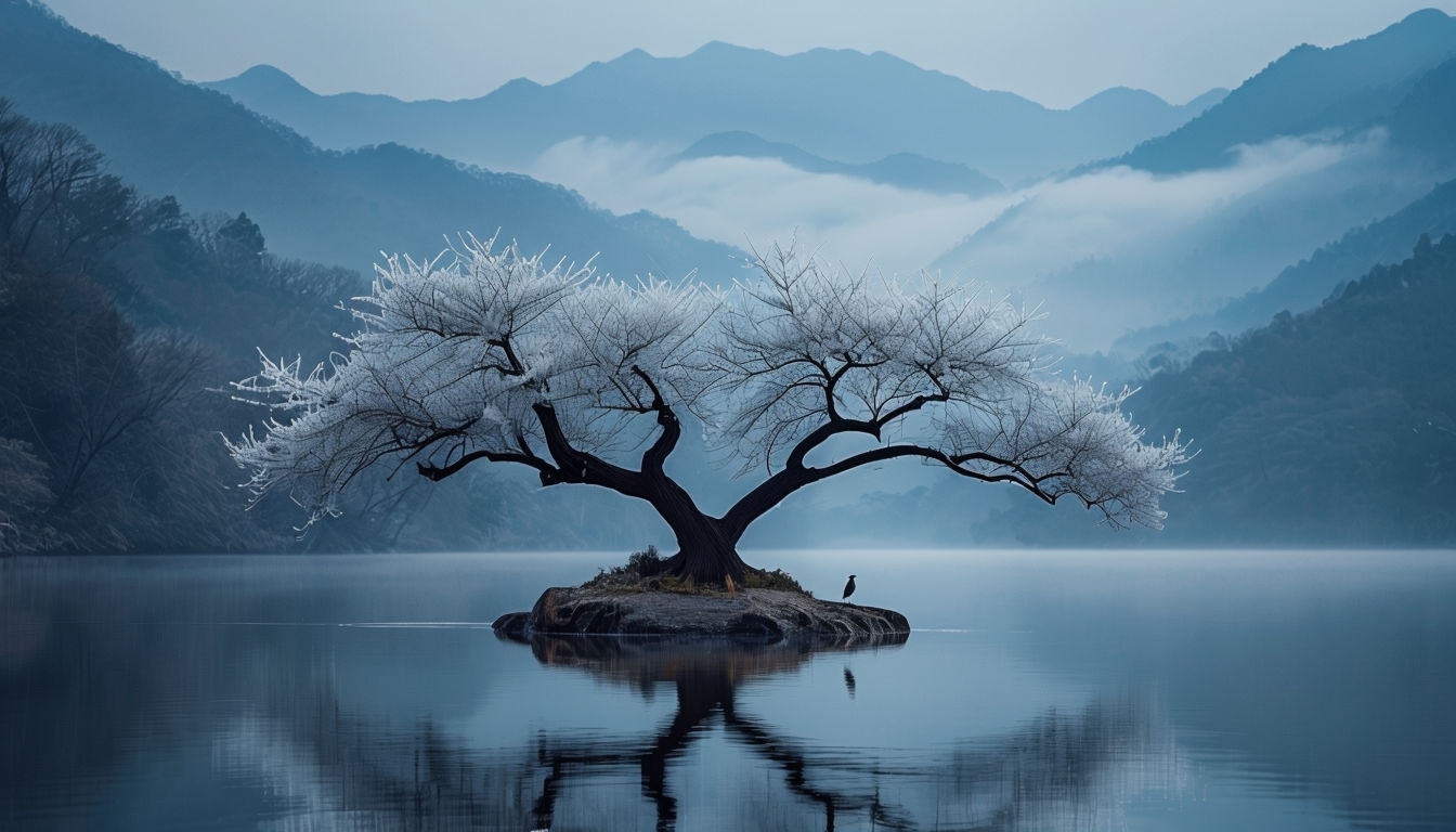 Serene Tree Reflection on Calm Lake with Misty Mountains Virtual Backgrounds