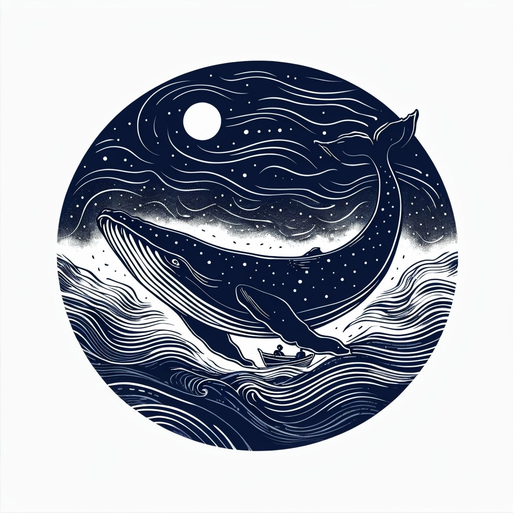 Whimsical Navy Blue Whale Nighttime Maritime Scene Art