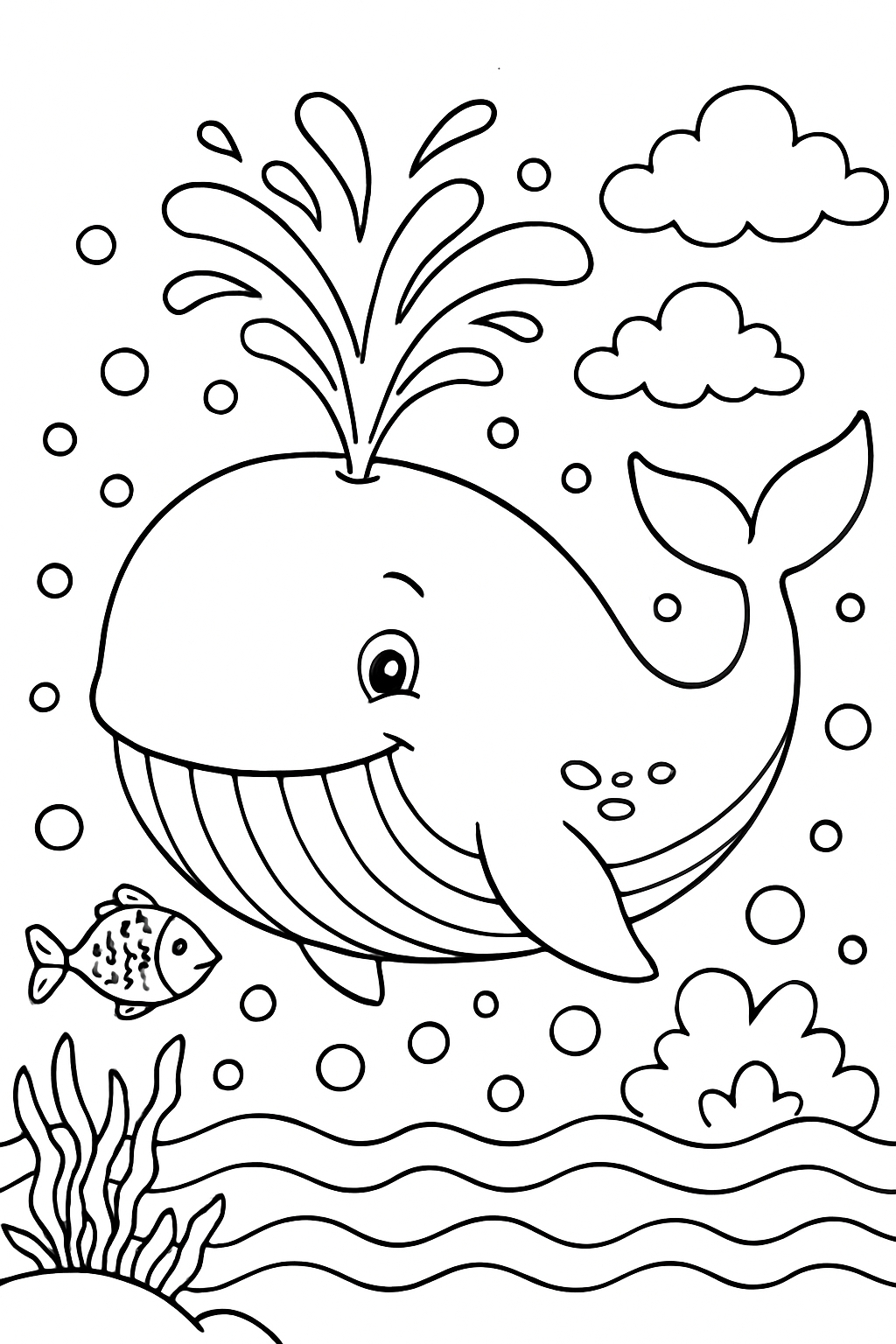 Cheerful Cartoon Whale with Underwater Scene Coloring Page