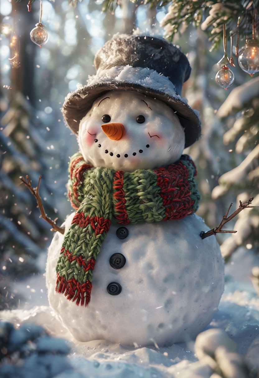 Cheerful Snowman with Knitted Scarf Winter Art Poster