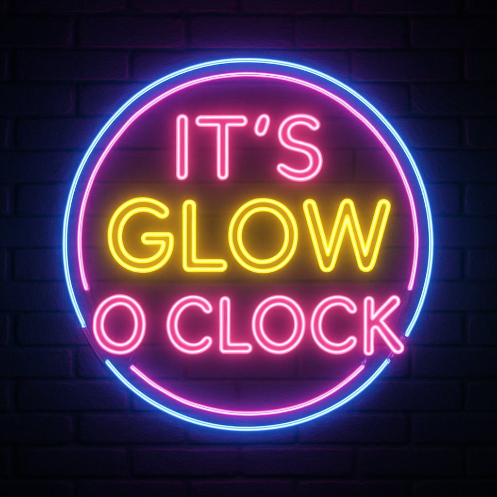 Vibrant Neon Sign It’s Glow O Clock Against Dark Brick Wall Poster