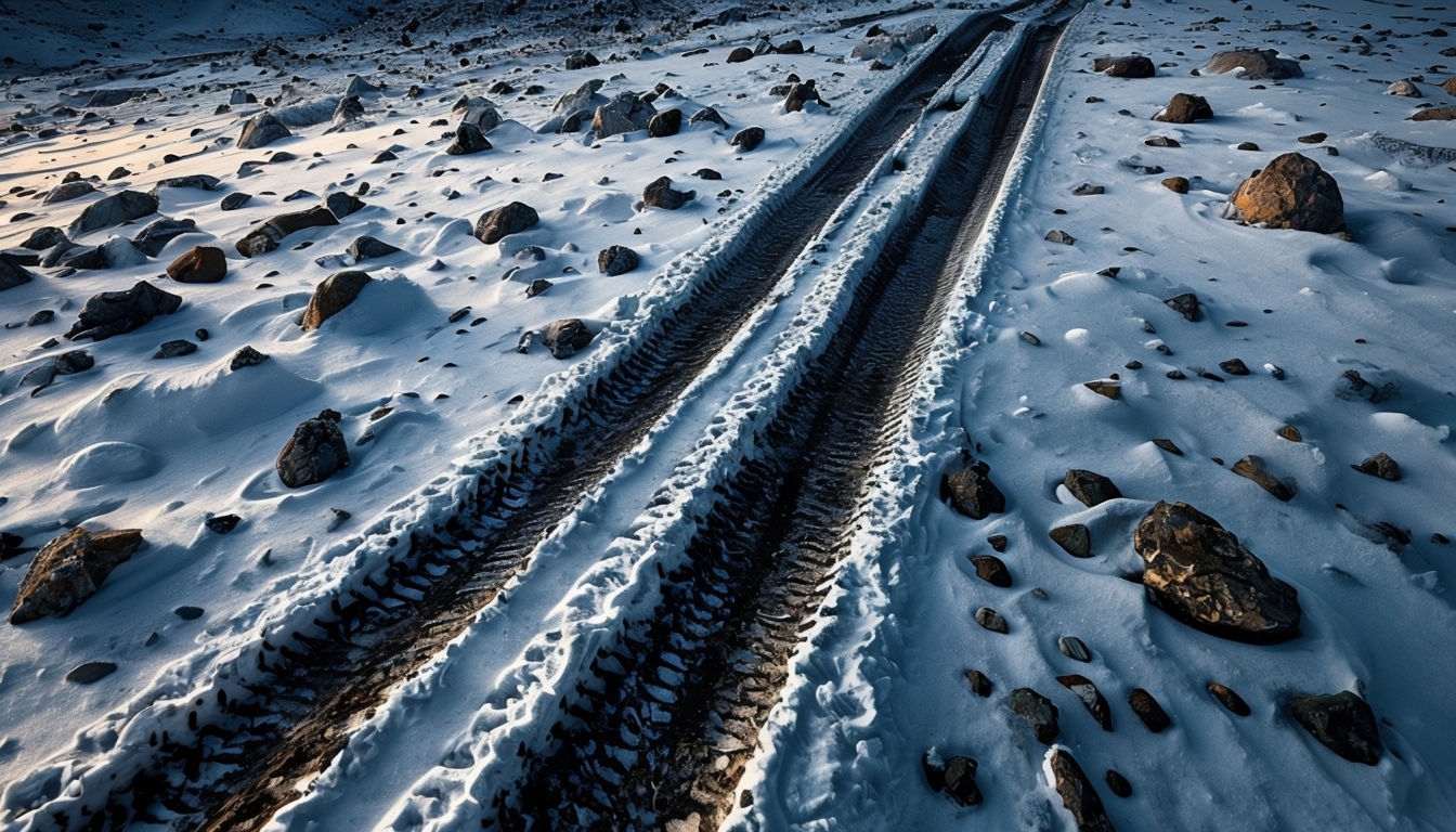 Rugged Snow-Covered Landscape with Tire Tracks Photography Virtual Backgrounds