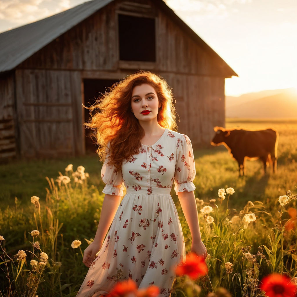 a young beautiful rural women in light short dress is milking a cow