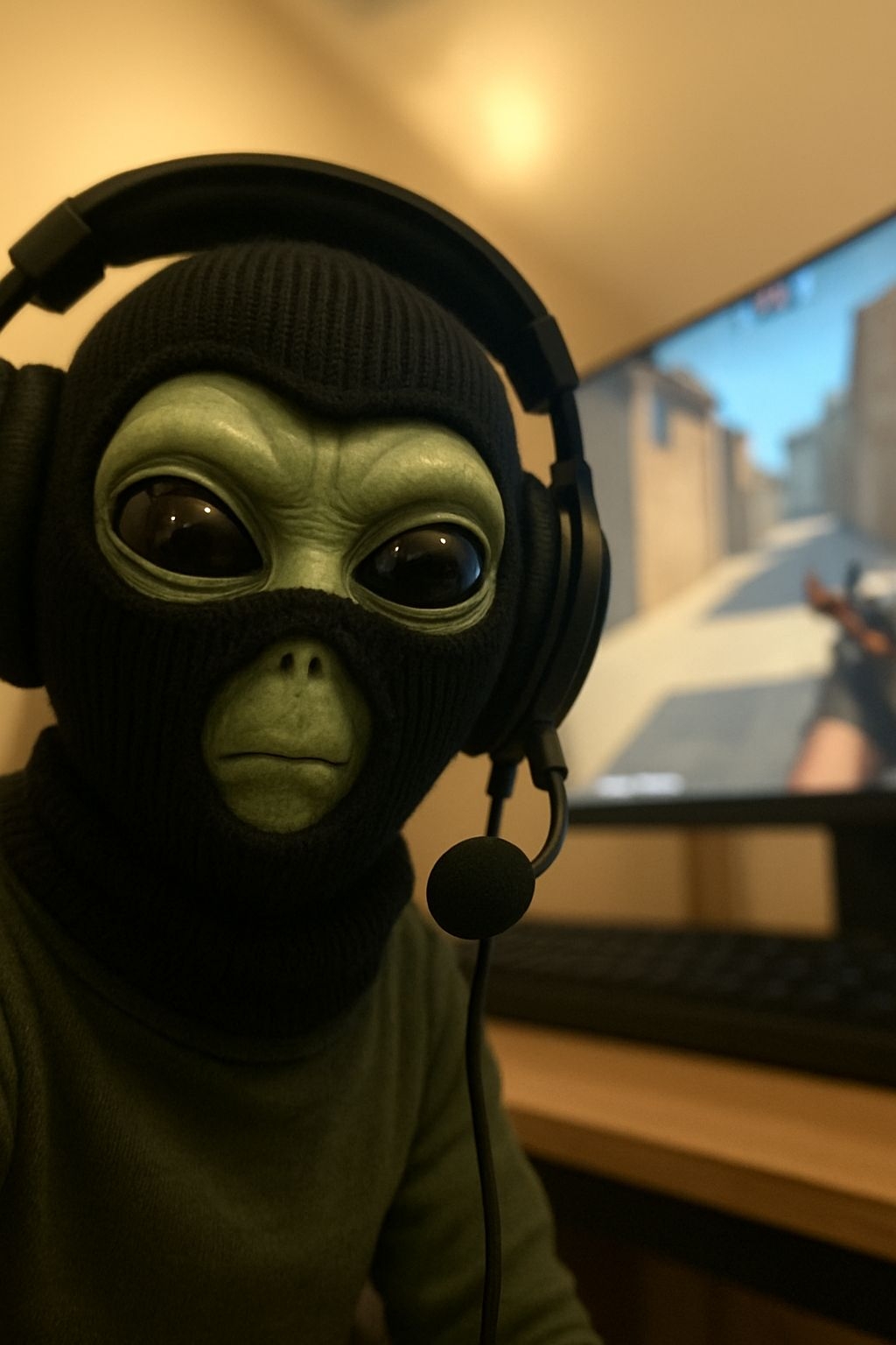 Alien Gamer in Balaclava with Headphones Artwork