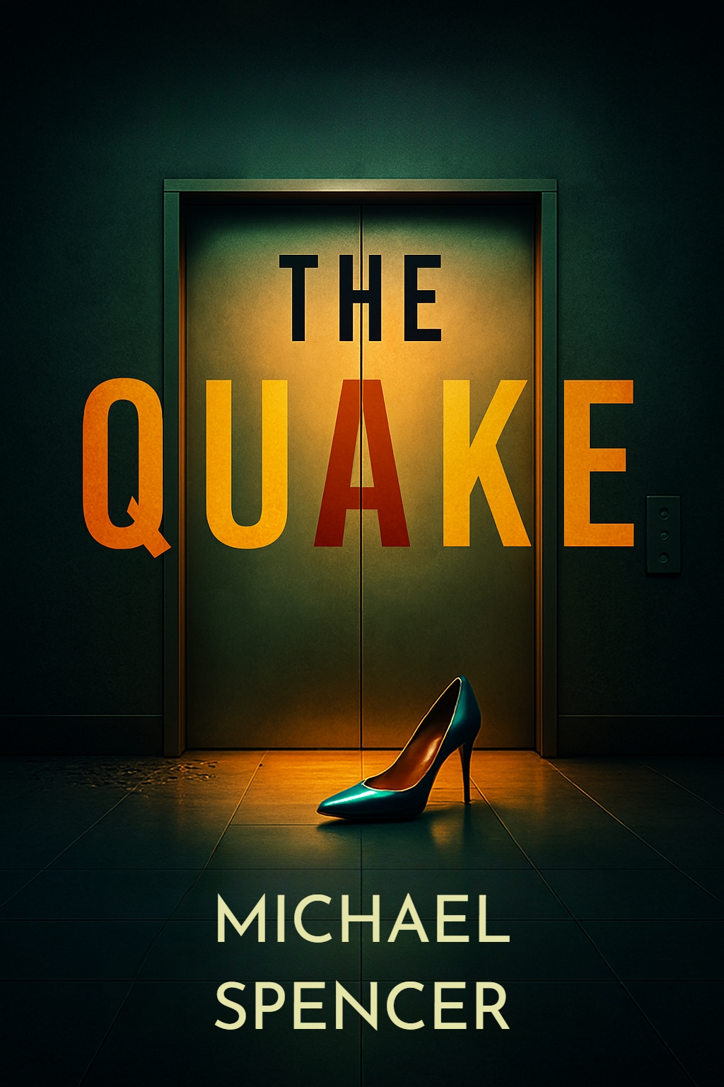 The Quake Book Cover with Dramatic Elevator and Teal Shoe