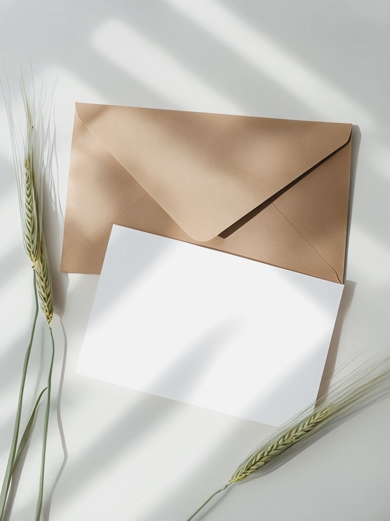 Minimalist Flat Lay with Brown Envelope and Wheat Stalks Mockup