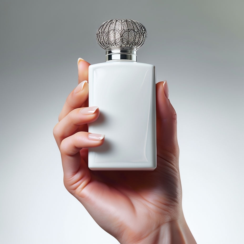 Elegant Hand Holding Ornate White Bottle Photograph Mockup