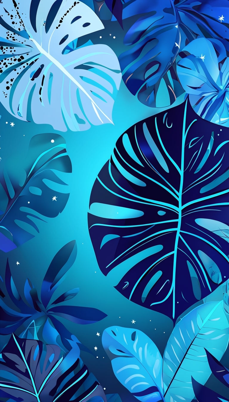 Vibrant Abstract Tropical Leaves Artwork in Cool Blues Mobile Wallpaper