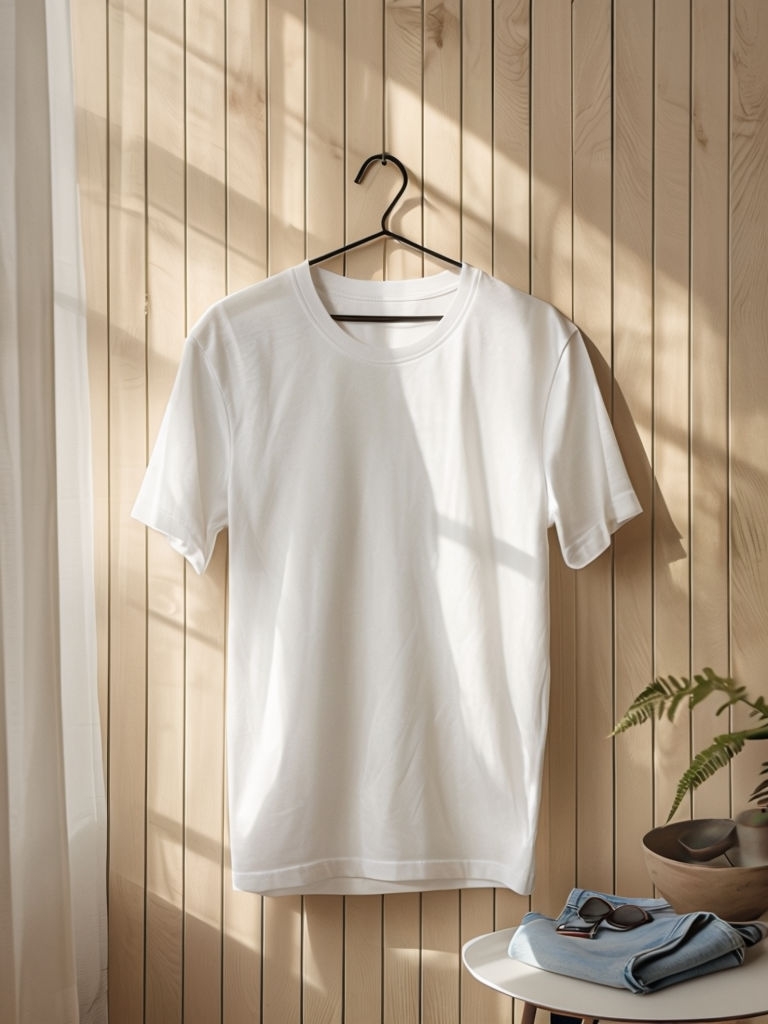 Minimalist Crew Neck T-Shirt Displayed on Wooden Wall Mockup