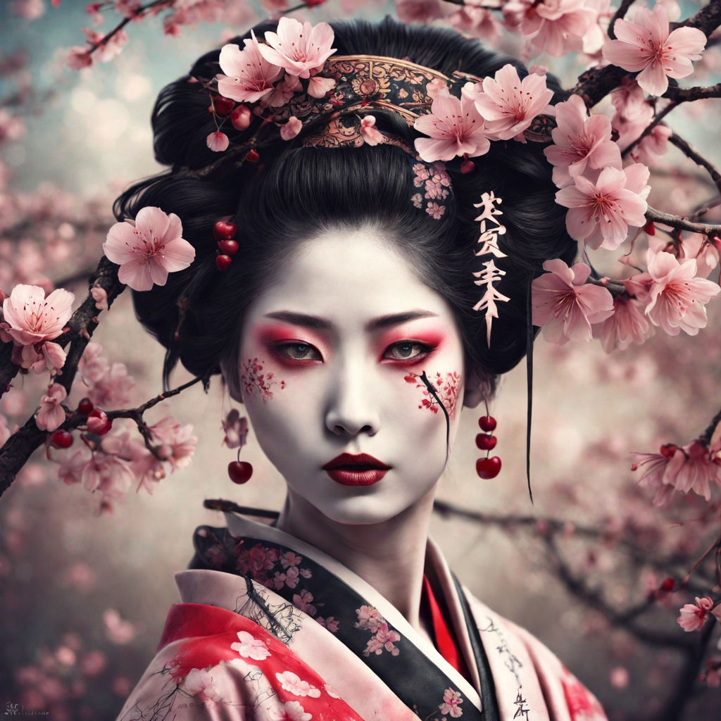 detailed geisha with cherry blossoms digital painting