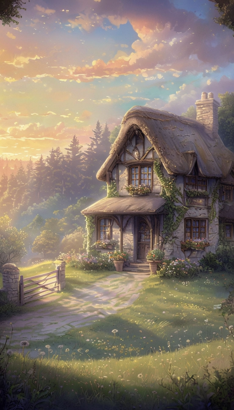 Charming Countryside House Illustration in Serene Landscape Art