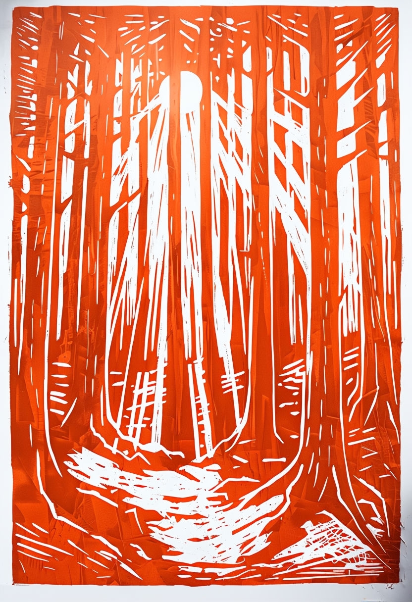 Atmospheric Night Forest Linocut Art Print in Bold Orange Lines Art