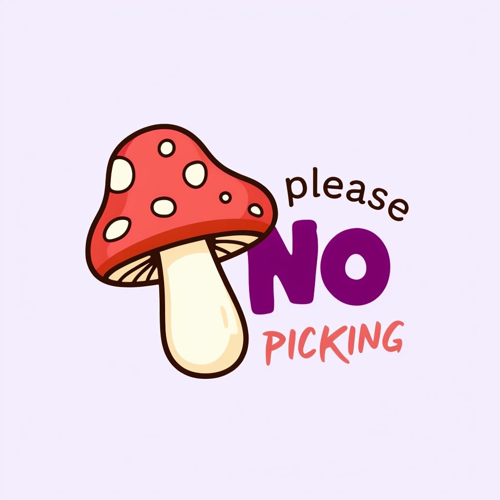 Playful Mushroom Illustration with "Please No Picking" Text Sticker