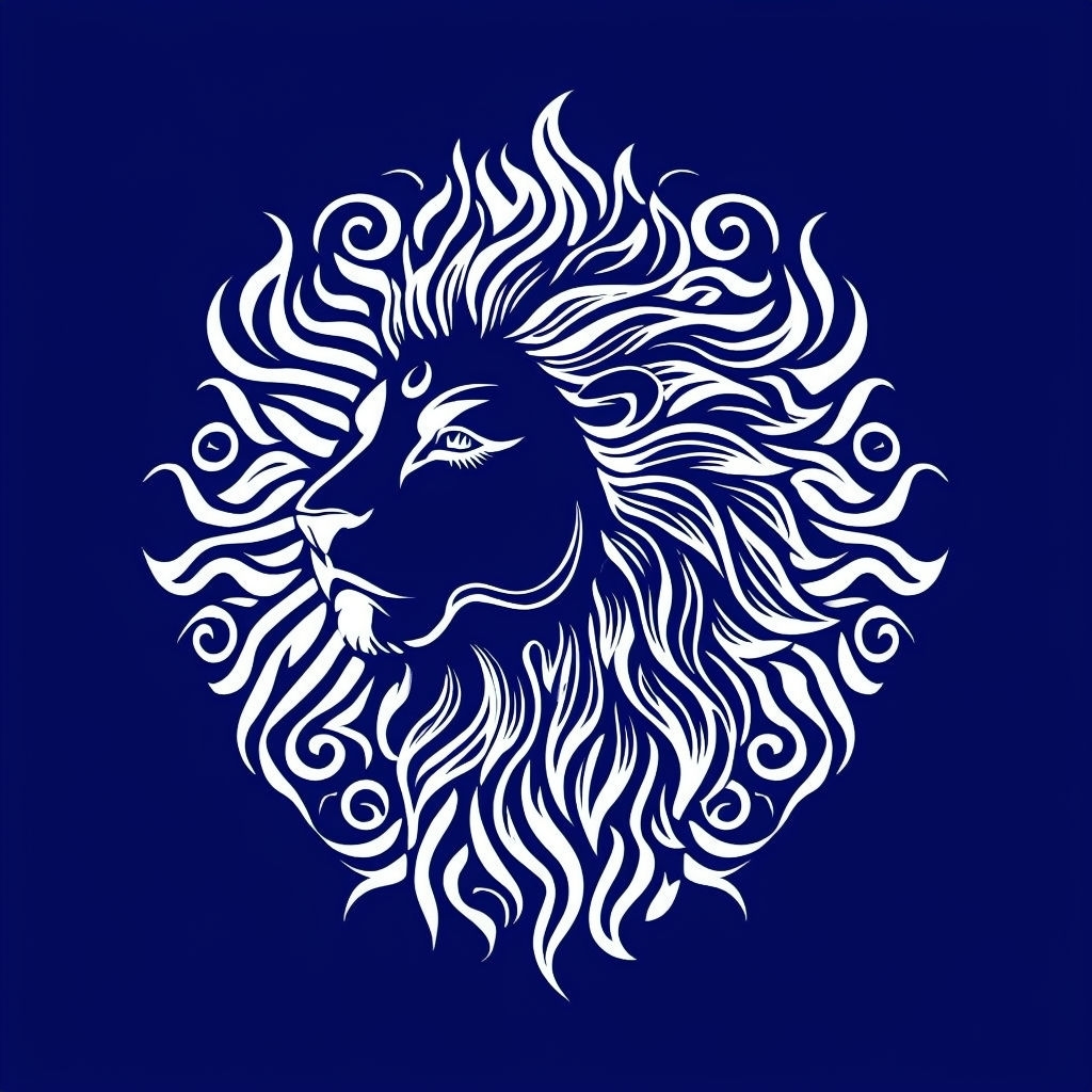 Stylized Lion's Face Sun Illustration on Midnight Blue T-Shirt