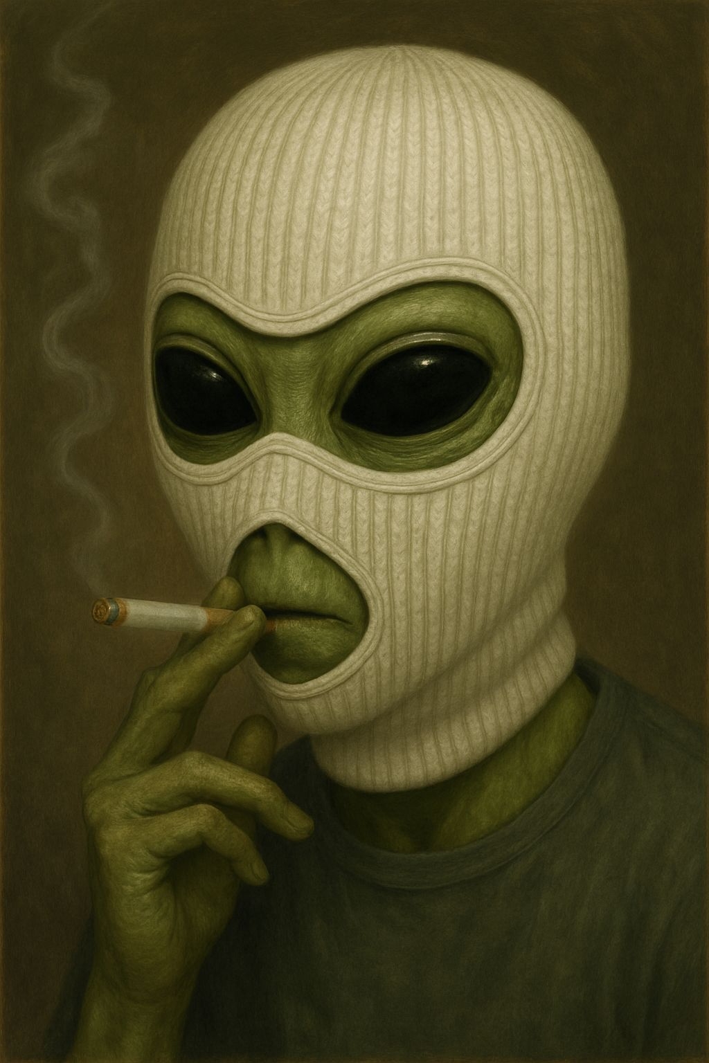 Surreal Alien Portrait with Green Skin and Knit Mask Art