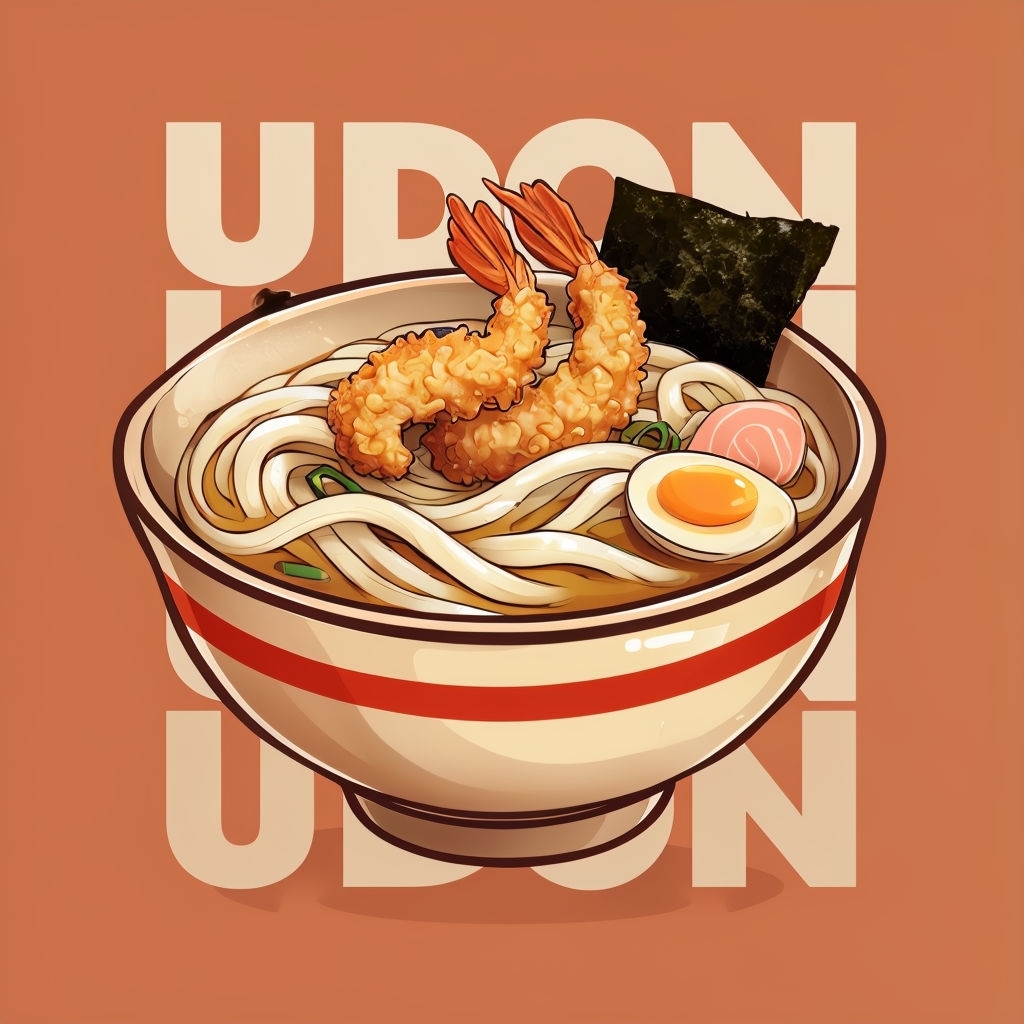 Steaming Bowl of Udon with Tempura and Nori Illustration Social Media Post