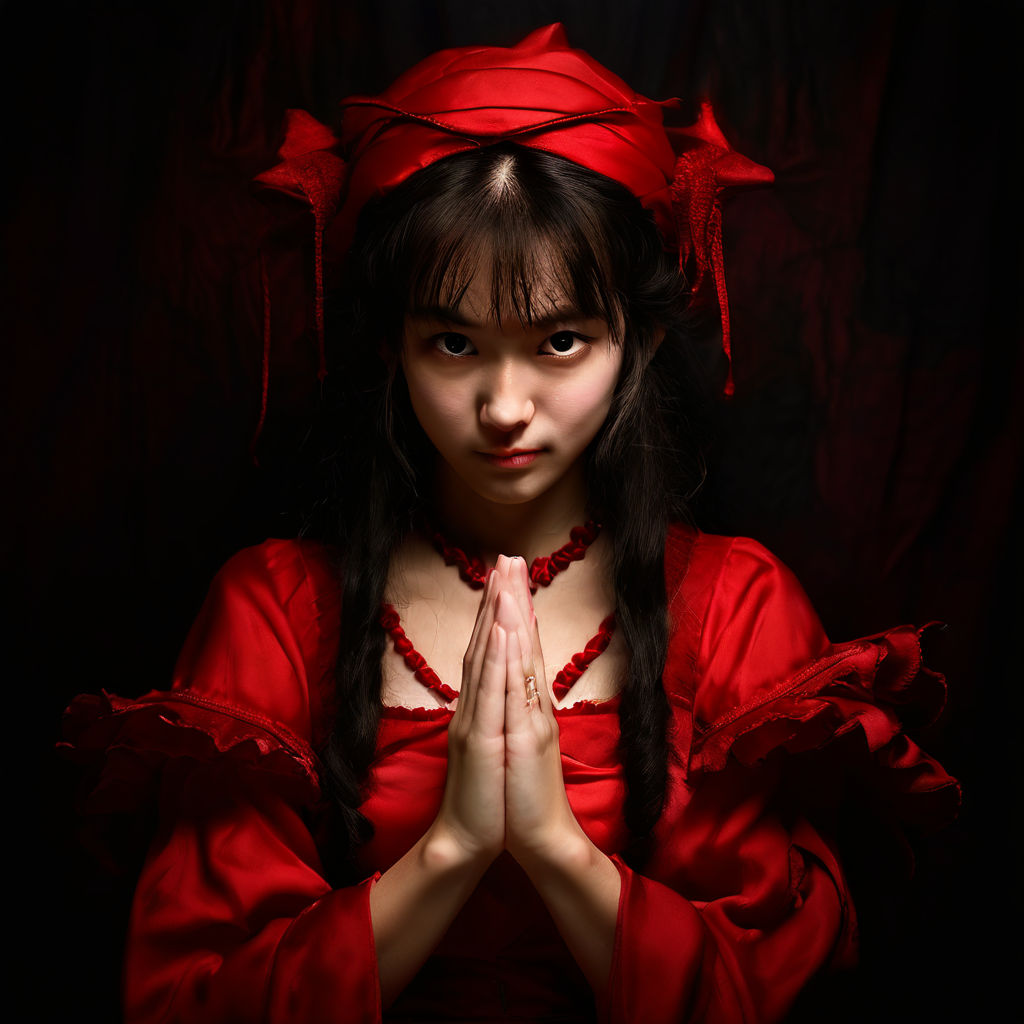 Reimu. portrait view. evil demeanor. hands palm together. ma... by ...