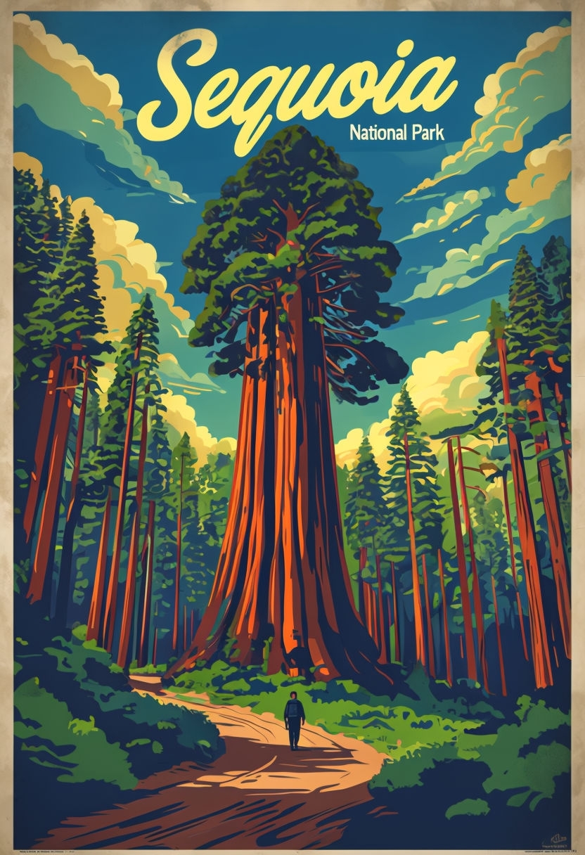 Vintage Sequoia National Park Illustration with Colossal Redwood Poster