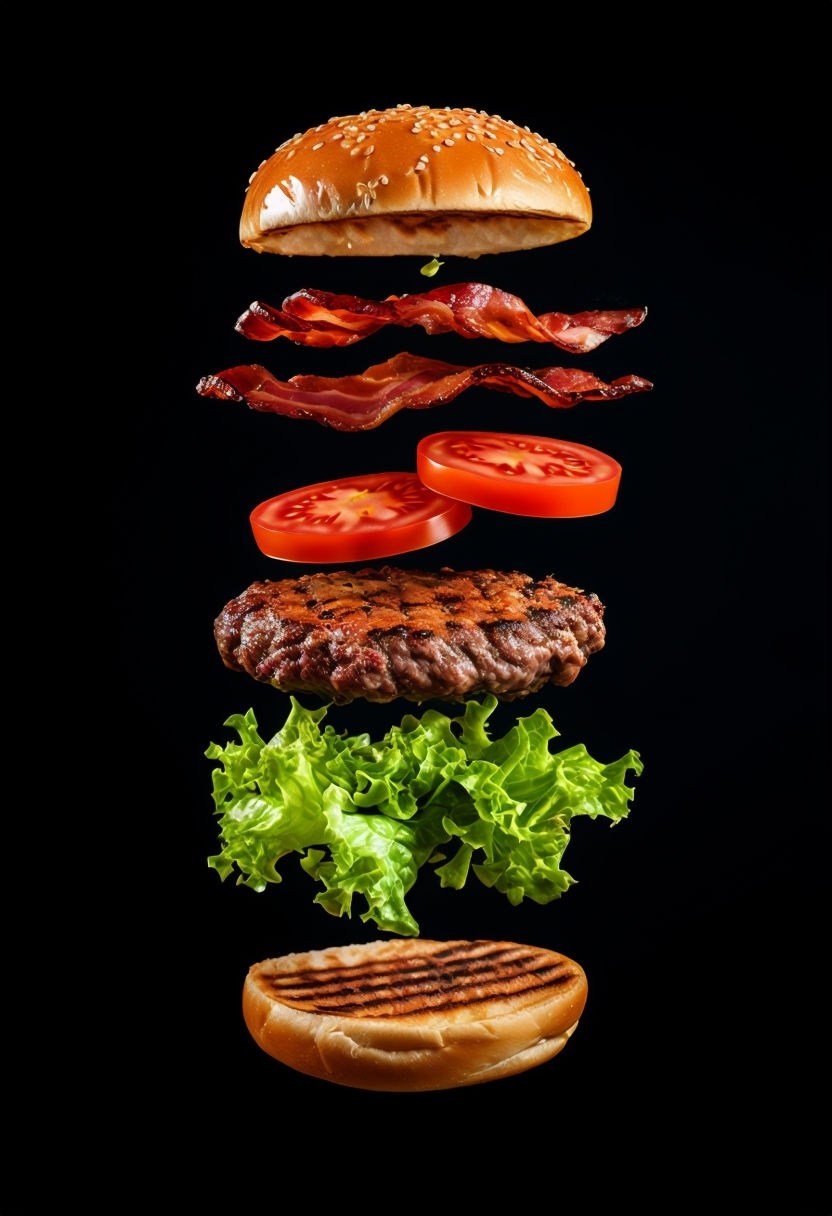 Suspended Deconstructed Burger Photography with Vibrant Ingredients Social Media Post