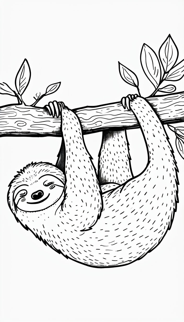 Cute Whimsical Sloth Hanging Upside Down Coloring Page