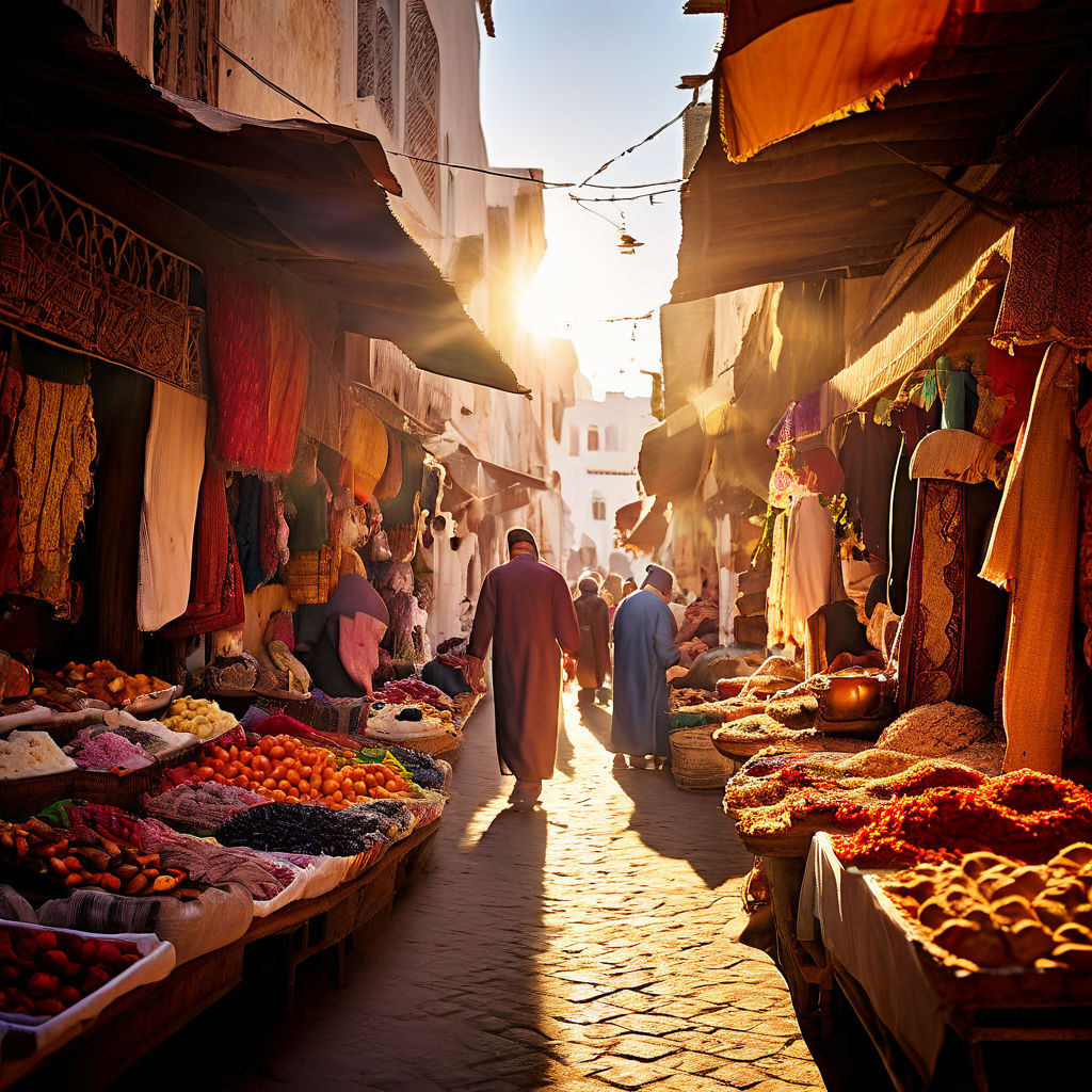Street market in Tangier bustling with vendors draped in tra... by ...