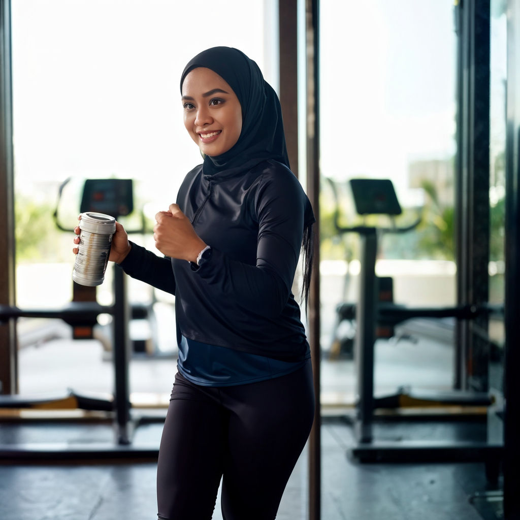 A woman in a hijab and sprots dress with colorful and tight sports bra and  shorts on her legs