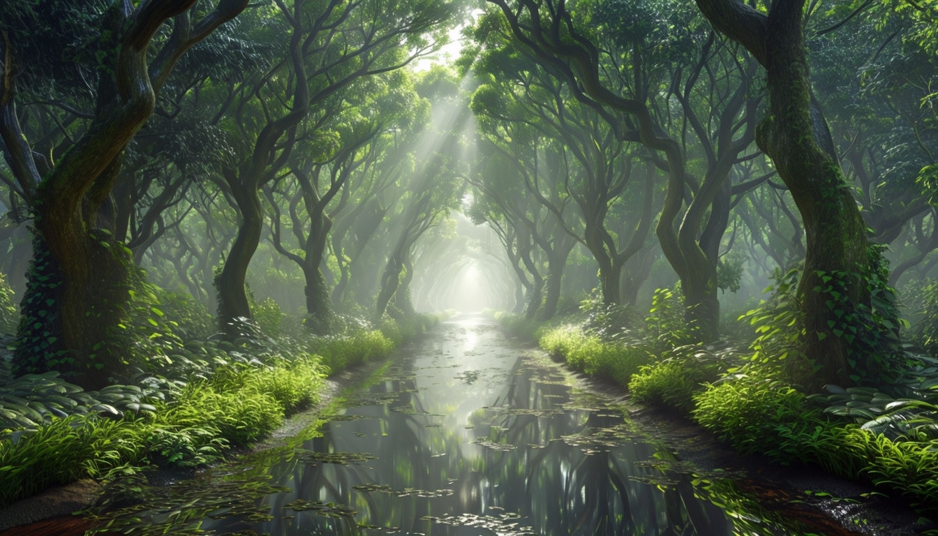 Serene Woodland Path with Reflective Surface Virtual Background