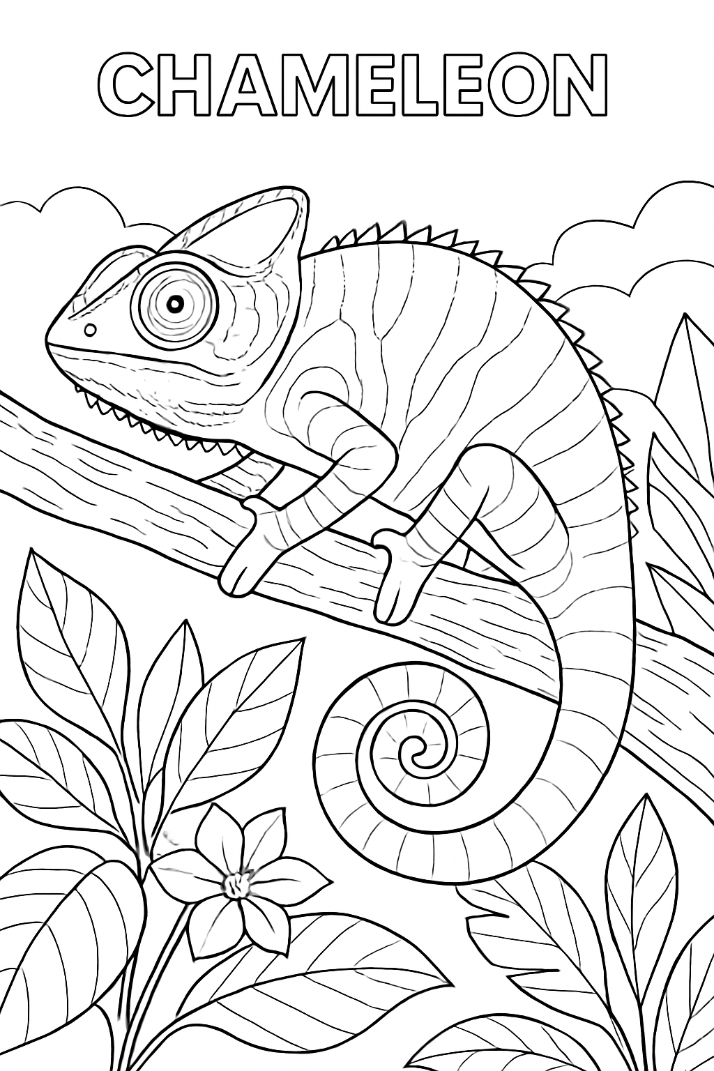 Intricate Chameleon Line Drawing for Creative Coloring Book Pages