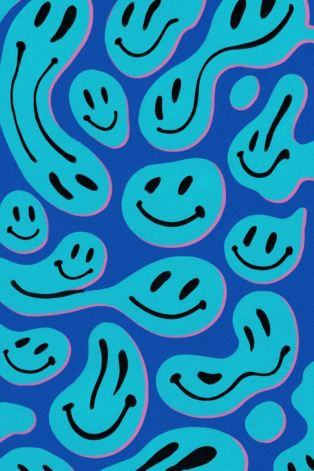 Playful Abstract Smiley Faces on Vibrant Blue Background Mobile Wallpaper