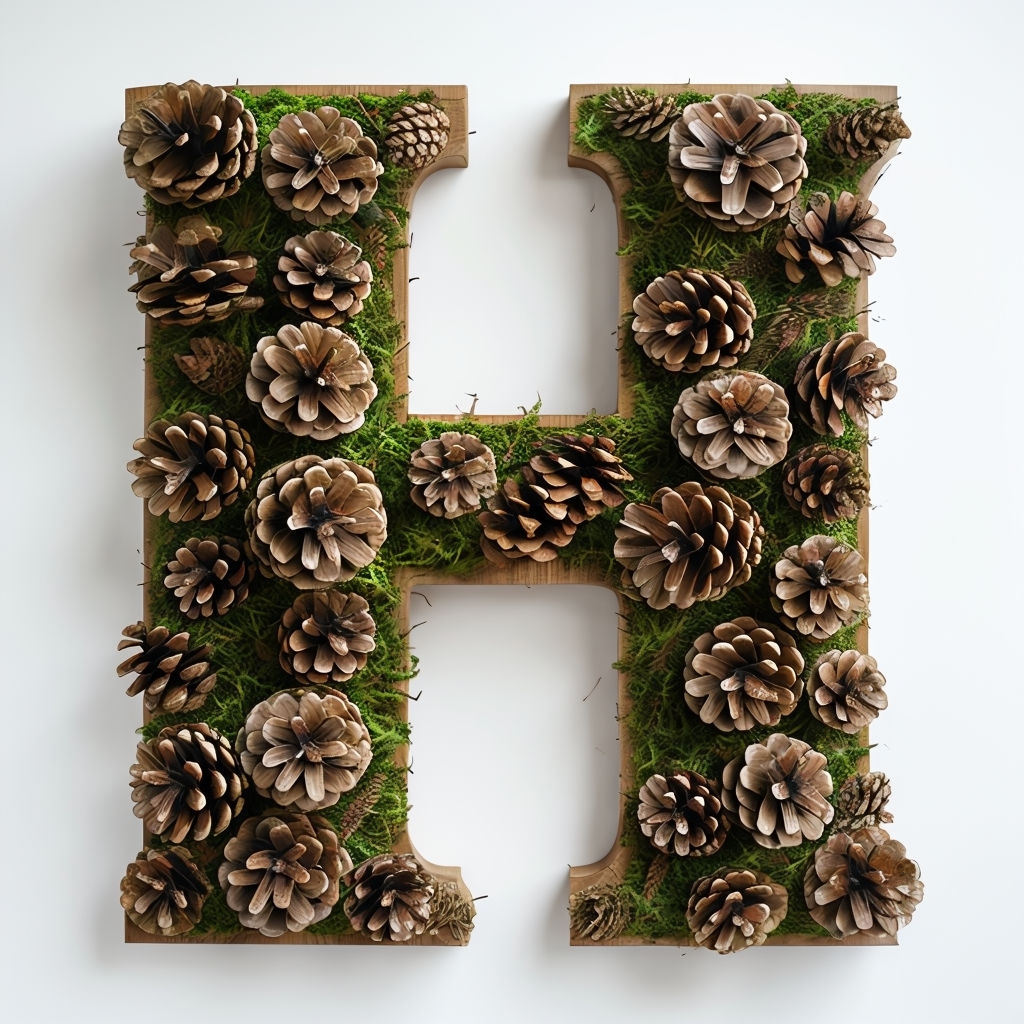 Lush Wooden H Monogram with Pine Cones and Moss Design Monogram