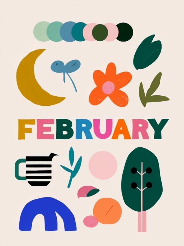 Colorful Playful February Illustration with Whimsical Objects Poster