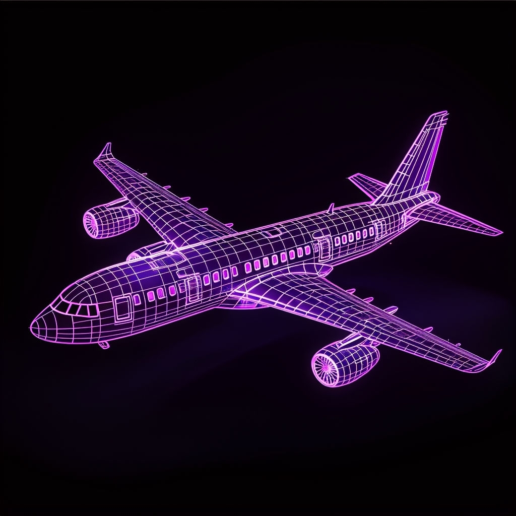 Neon Wireframe Airplane Digital Art on Black Background Art